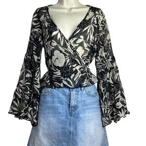 Lani Sheer Tropical Bell Sleeve Tie Back Wrap Blouse Size Medium
